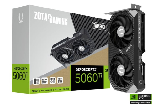 Видеокарта ZOTAC GAMING GeForce RTX 5060 Ti Twin Edge 8GB [PCIe 5.0 x8, 8 ГБ GDDR7, 128 бит, 3 x DisplayPort 2.1b, HDMI 2.1b, GPU 2572 МГц]