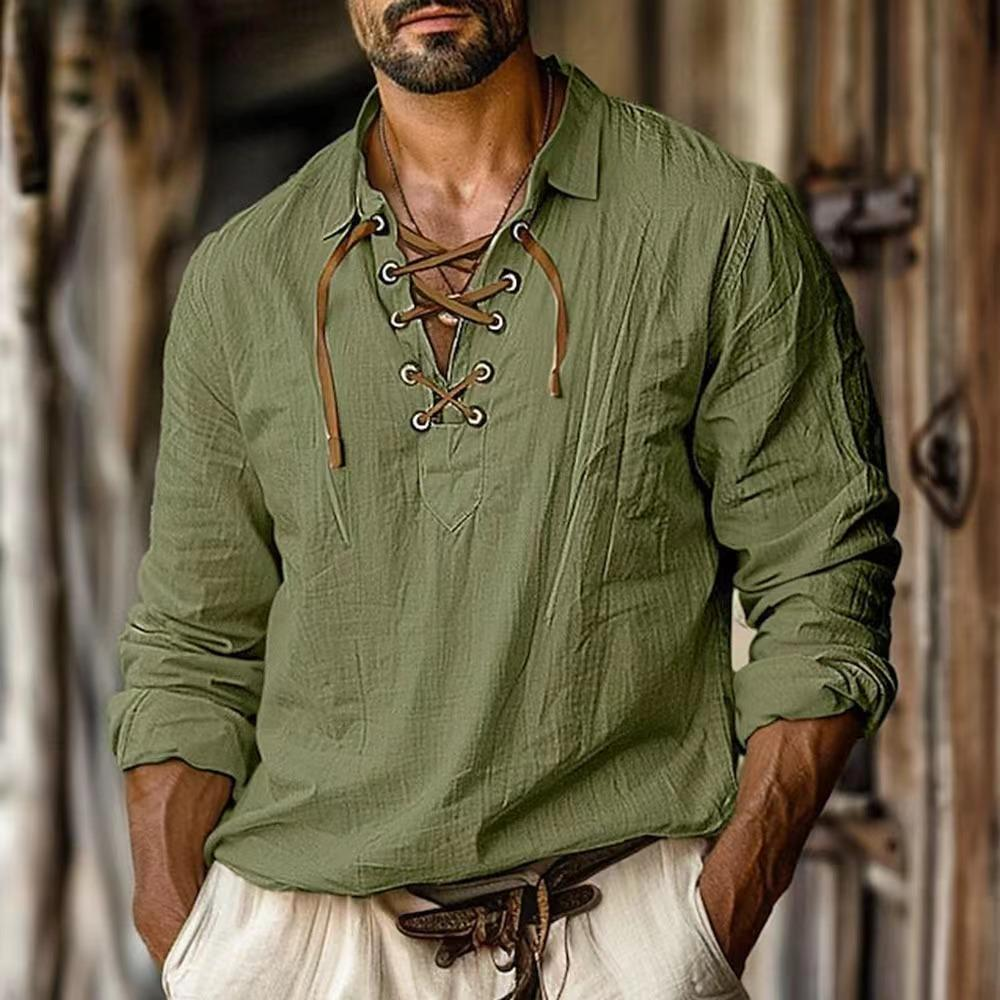 Мужские льняные рубашки с длинными и короткими рукавами, шнуровка, V-образный вырез, повседневная блузка, весна-лето, тонкие футболки спереди, топы, дышащая мужская одежда